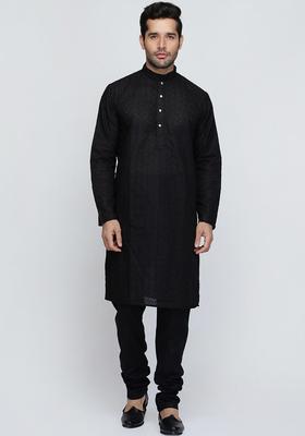 Black Embroidered Cotton Kurta Set For Men