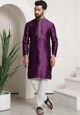 Purple Woven Design Cotton Kurta Set For Men