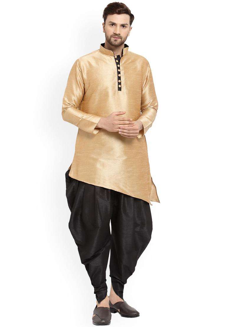 Gold Solid Silk Blend Kurta Set For Men - Indya