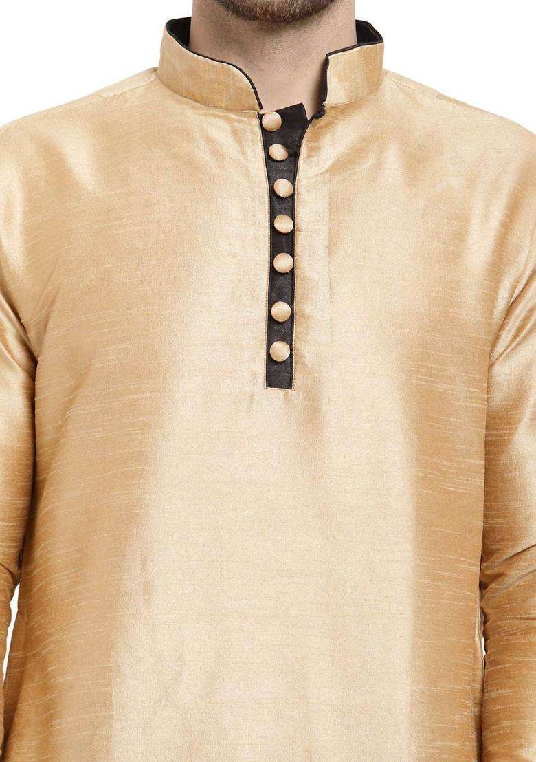 Gold Solid Silk Blend Kurta Set For Men - Indya