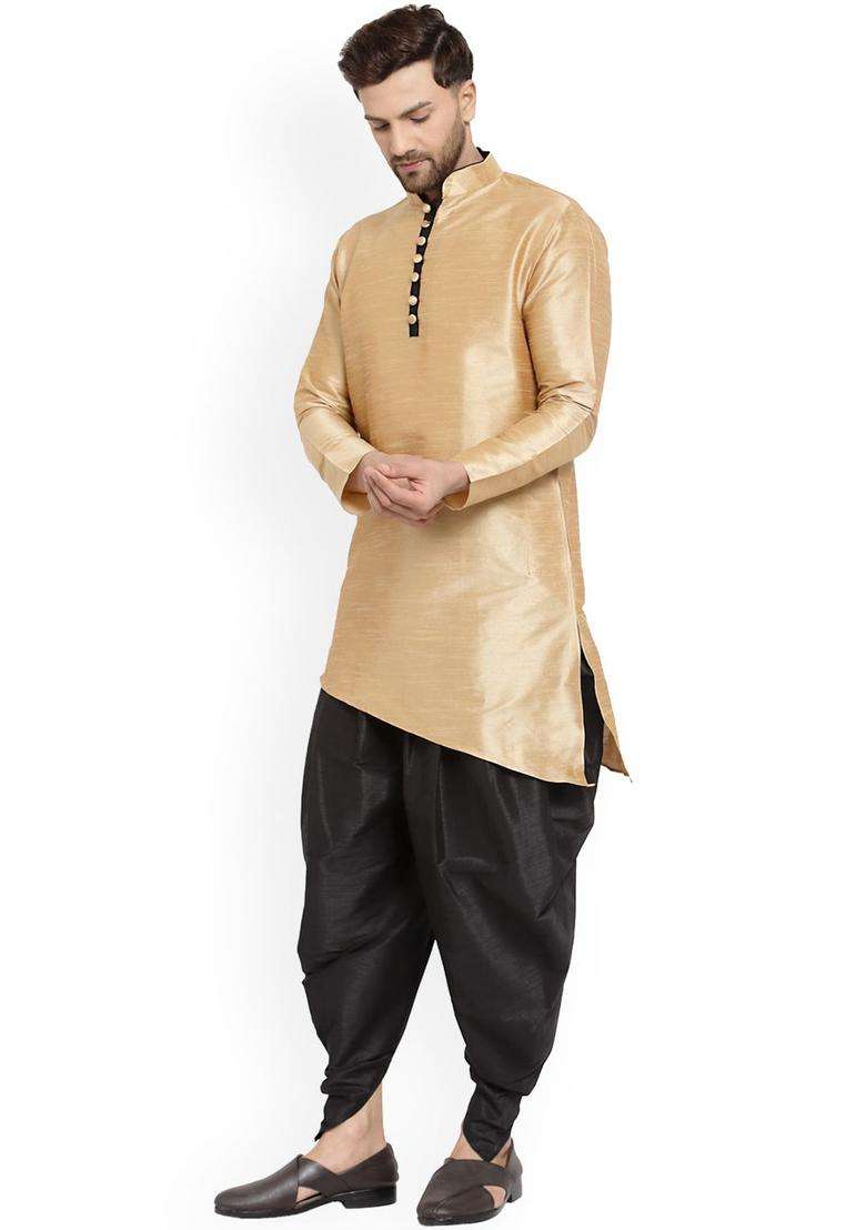 Gold Solid Silk Blend Kurta Set For Men - Indya