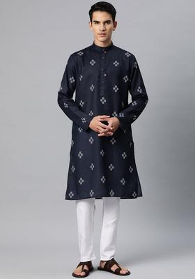 Navy Blue Printed Cotton Kurta Set For Men