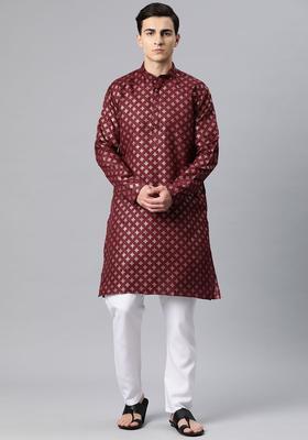 Maroon Printed Cotton Kurta Set For Men