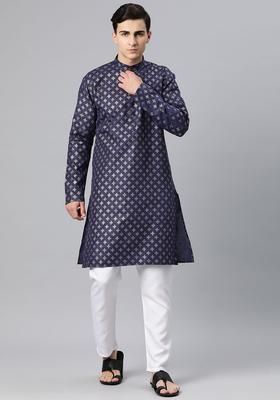 Navy Blue Printed Cotton Kurta Set For Men