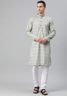 Grey Printed Cotton Kurta Set For Men