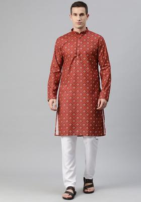 Maroon Printed Cotton Kurta Set For Men