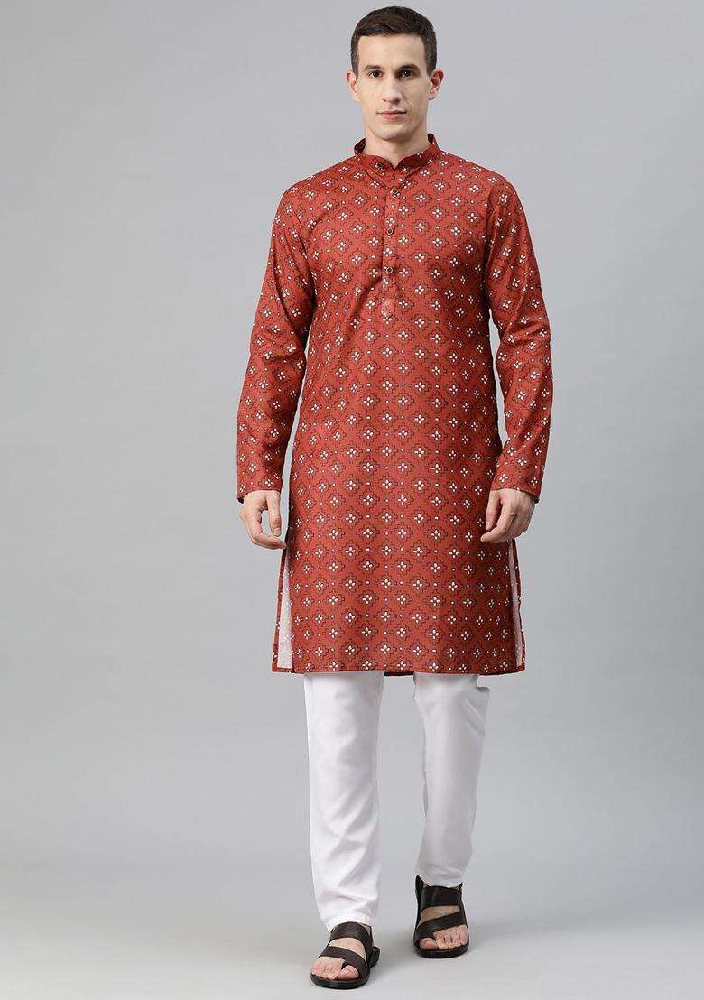 Maroon Printed Cotton Kurta Set For Men - Indya