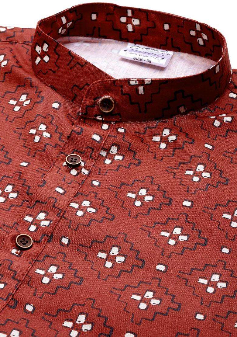 Maroon Printed Cotton Kurta Set For Men - Indya