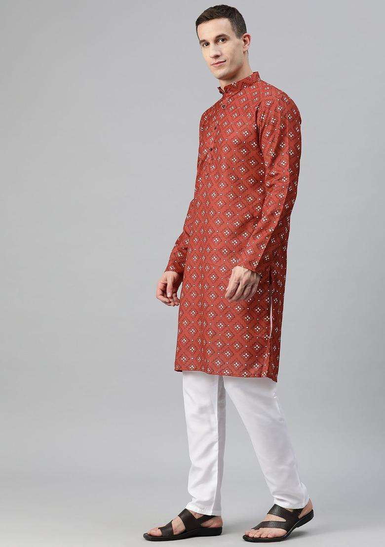 Maroon Printed Cotton Kurta Set For Men - Indya