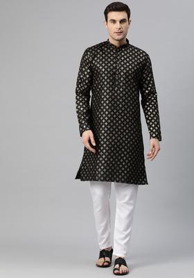 Black Printed Cotton Kurta Set For Men