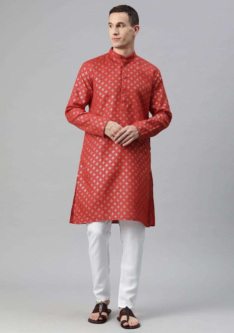 Red Printed Cotton Kurta Set For Men - Indya