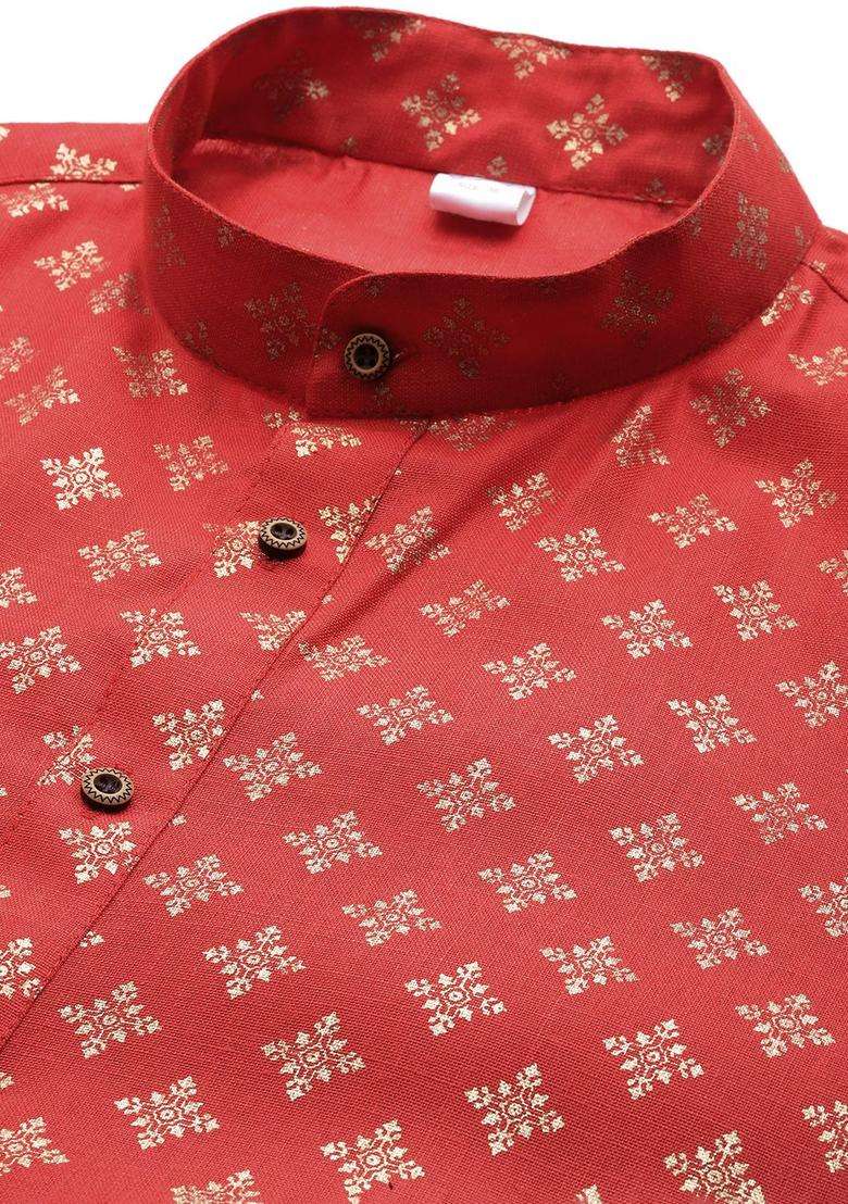 Red Printed Cotton Kurta Set For Men - Indya