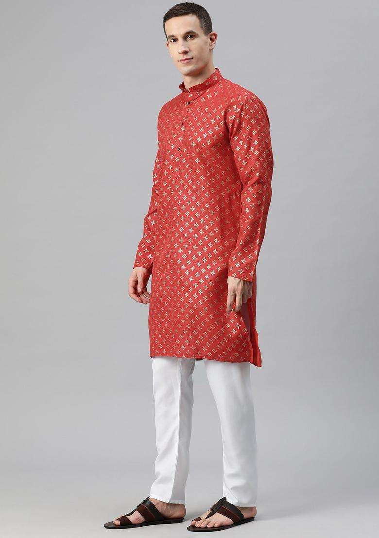 Red Printed Cotton Kurta Set For Men - Indya