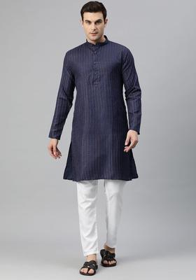 Navy Blue Printed Cotton Kurta Set For Men