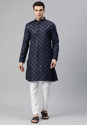 Navy Blue Printed Cotton Kurta Set For Men