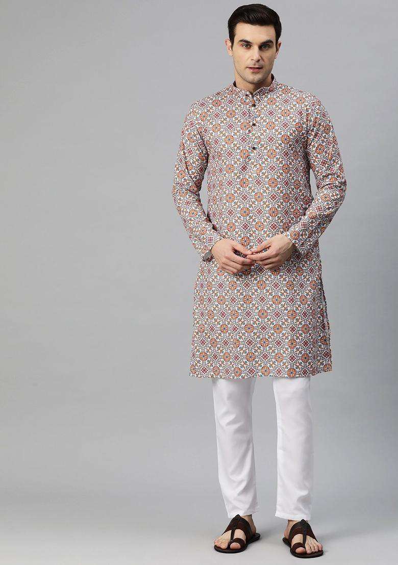 Multi Printed Cotton Kurta Set For Men - Indya