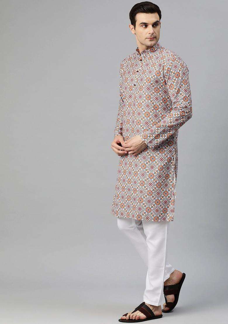 Multi Printed Cotton Kurta Set For Men - Indya