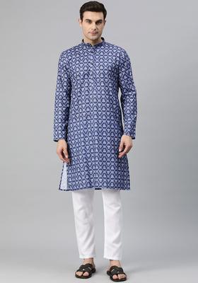 Navy Blue Printed Cotton Kurta Set For Men