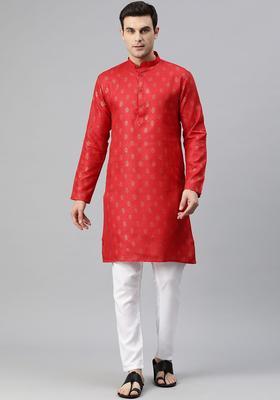 Pink Printed Cotton Kurta Set For Men