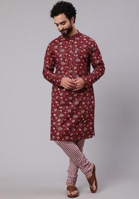 Maroon Printed Cotton Kurta Set For Men