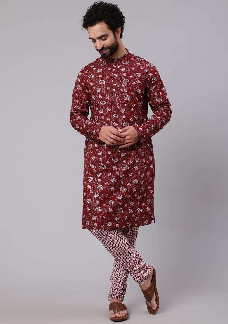 Maroon Printed Cotton Kurta Set For Men - Indya
