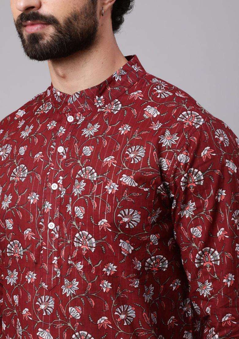 Maroon Printed Cotton Kurta Set For Men - Indya