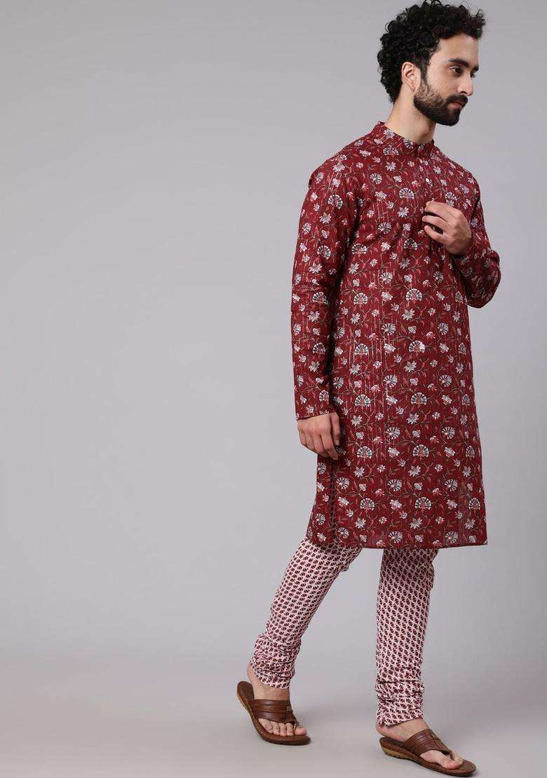 Maroon Printed Cotton Kurta Set For Men - Indya