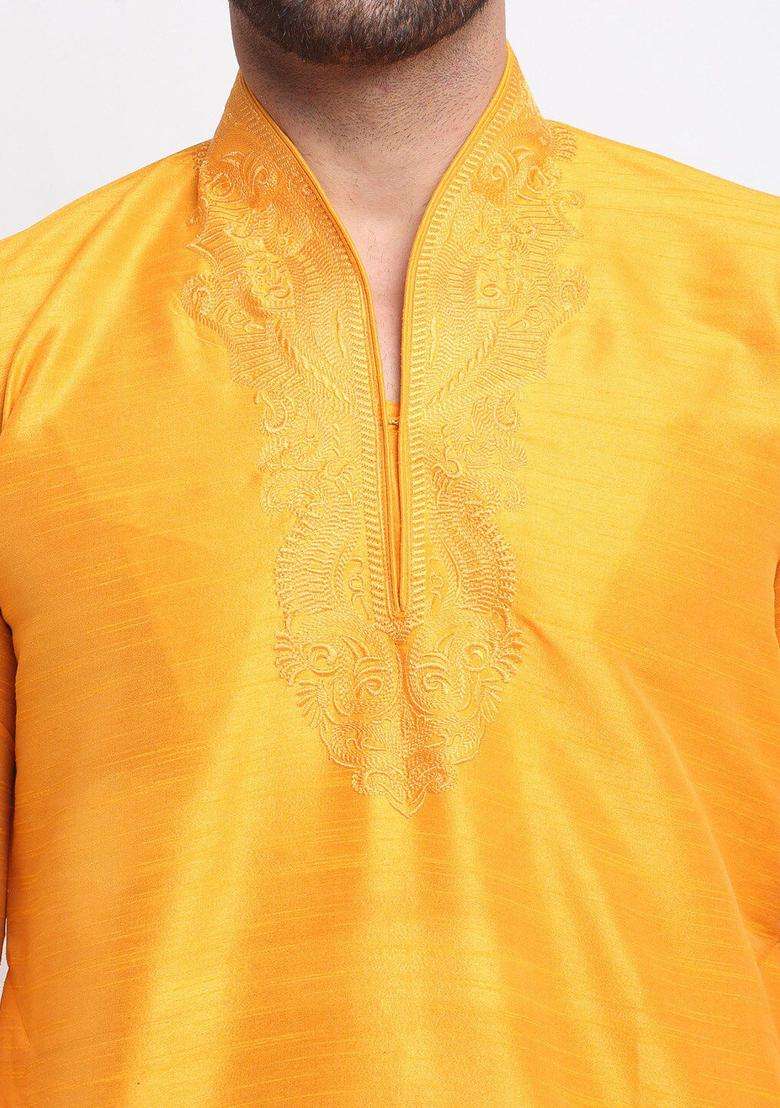 Orange Yoke Design Silk Blend Kurta Set For Men - Indya