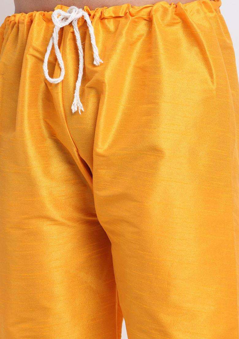 Orange Yoke Design Silk Blend Kurta Set For Men - Indya