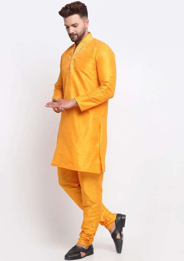 Orange Yoke Design Silk Blend Kurta Set For Men - Indya