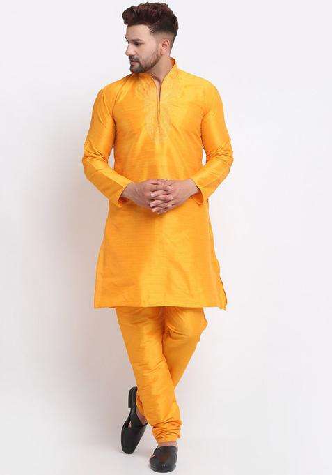 Orange Yoke Design Silk Blend Kurta Set For Men