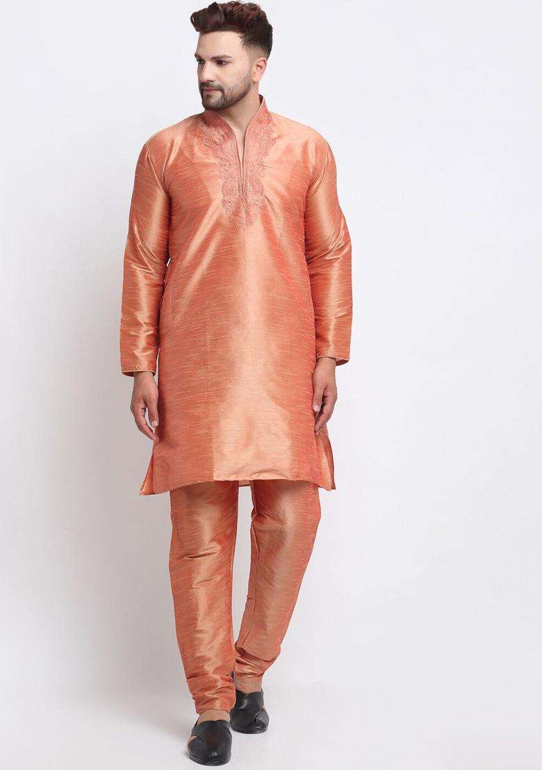 Coral Yoke Design Silk Blend Kurta Set For Men - Indya