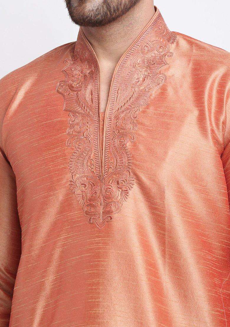 Coral Yoke Design Silk Blend Kurta Set For Men - Indya