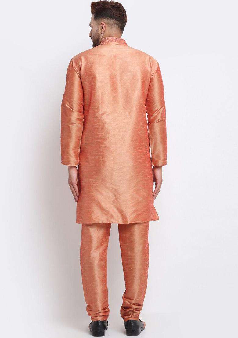 Coral Yoke Design Silk Blend Kurta Set For Men - Indya