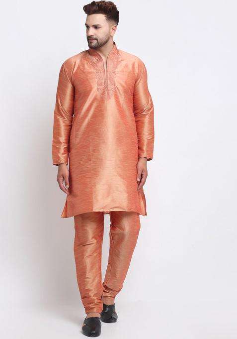Coral Yoke Design Silk Blend Kurta Set For Men