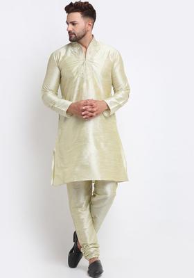 Sea Green Yoke Design Silk Kurta Set For Men