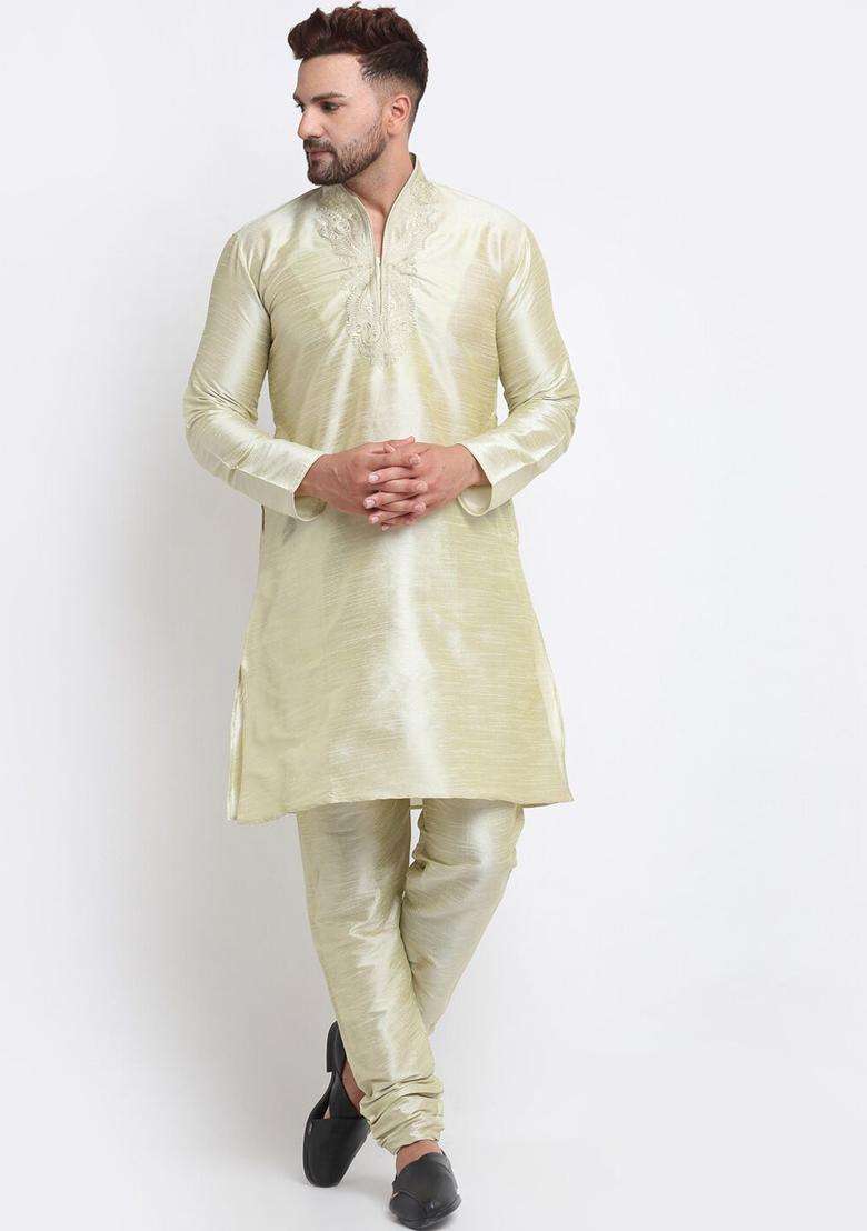 Sea Green Yoke Design Silk Blend Kurta Set For Men - Indya