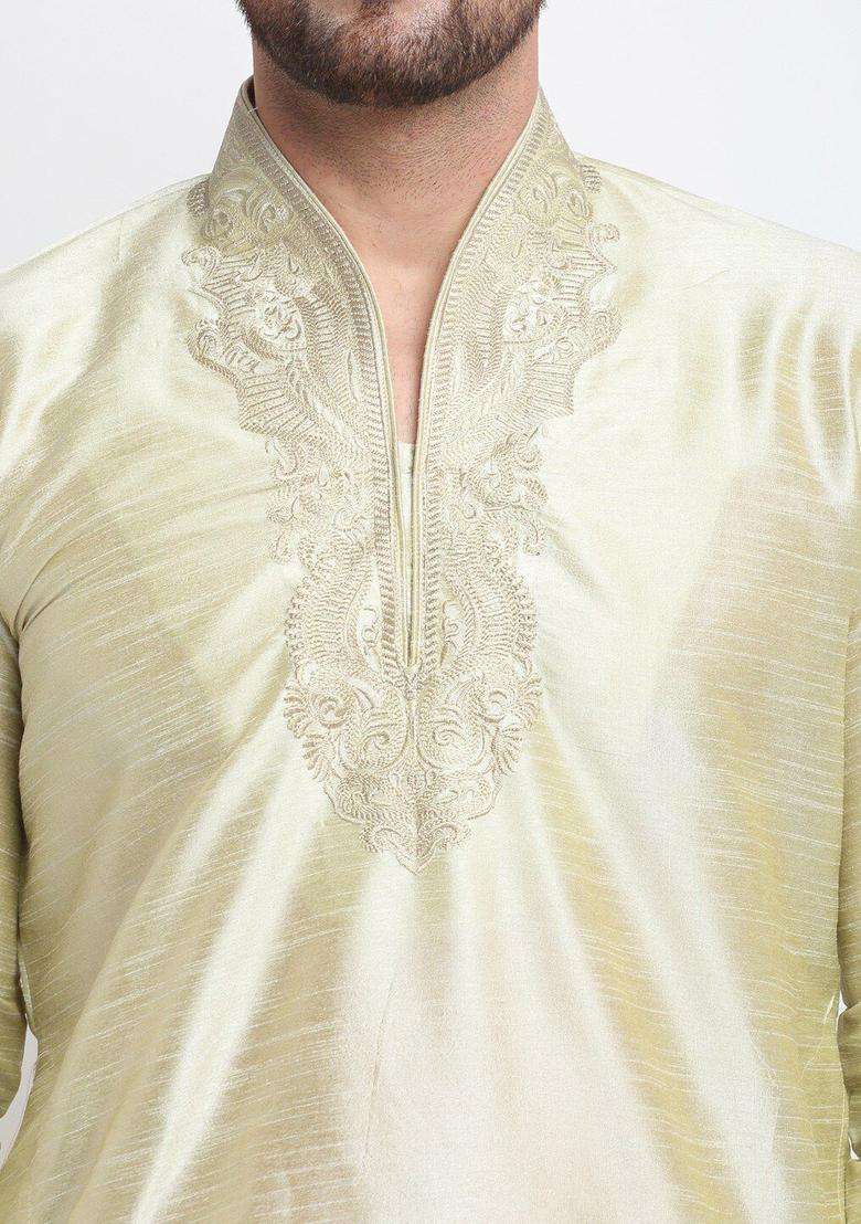 Sea Green Yoke Design Silk Blend Kurta Set For Men - Indya