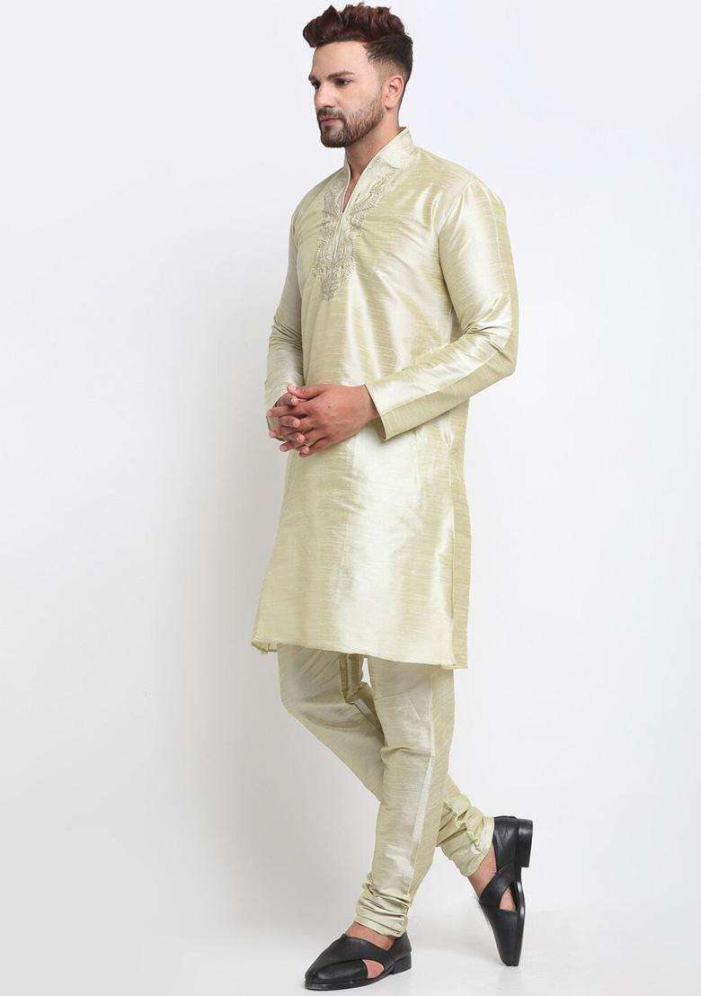 Sea Green Yoke Design Silk Blend Kurta Set For Men - Indya