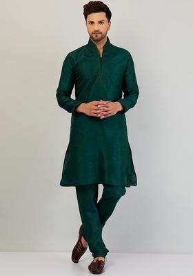 Green Embroidered Silk Kurta Set For Men