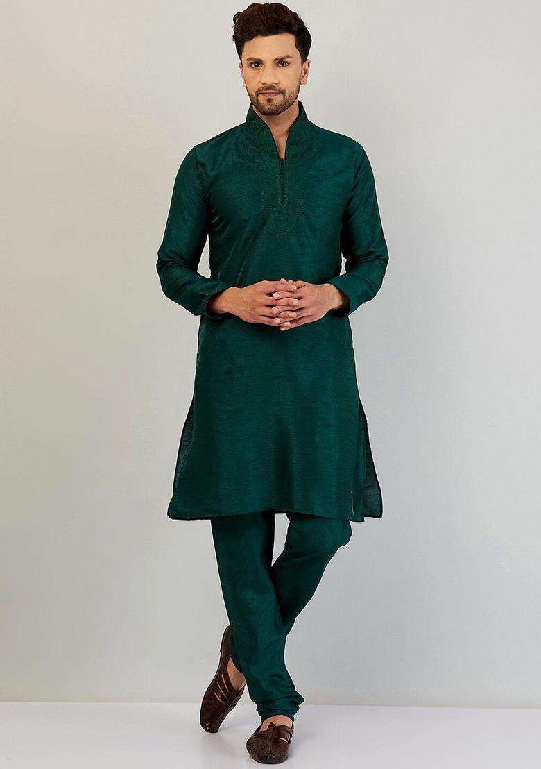 Green Embroidered Silk Blend Kurta Set For Men - Indya