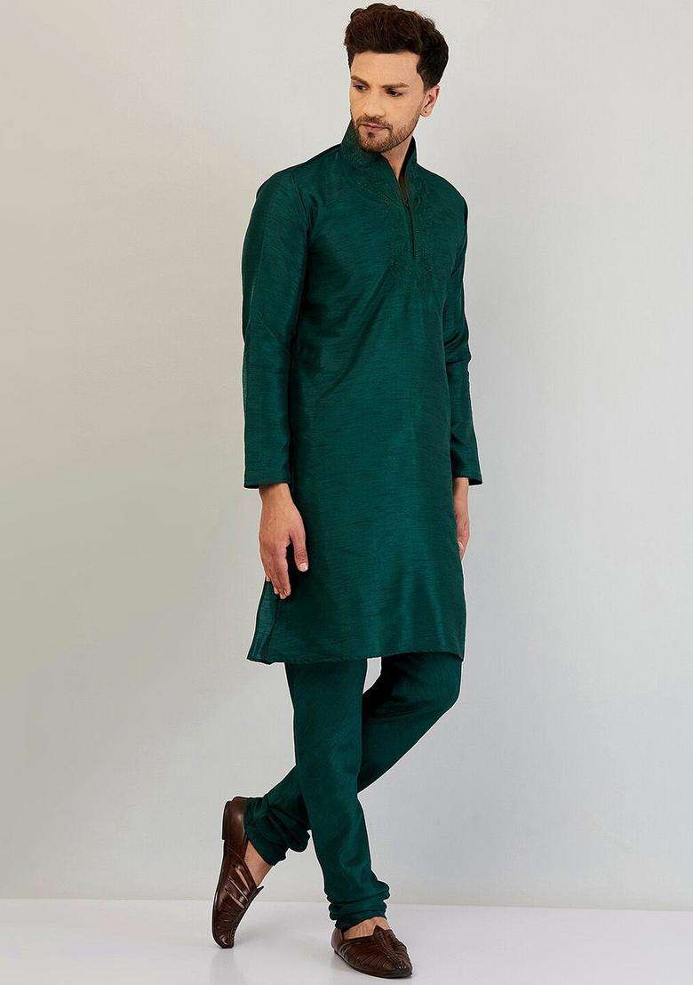 Green Embroidered Silk Blend Kurta Set For Men - Indya
