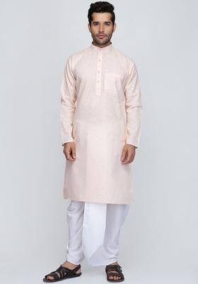 Peach Solid Cotton Kurta Set For Men