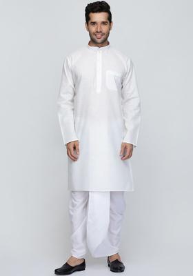 Cream Solid Cotton Kurta Set For Men