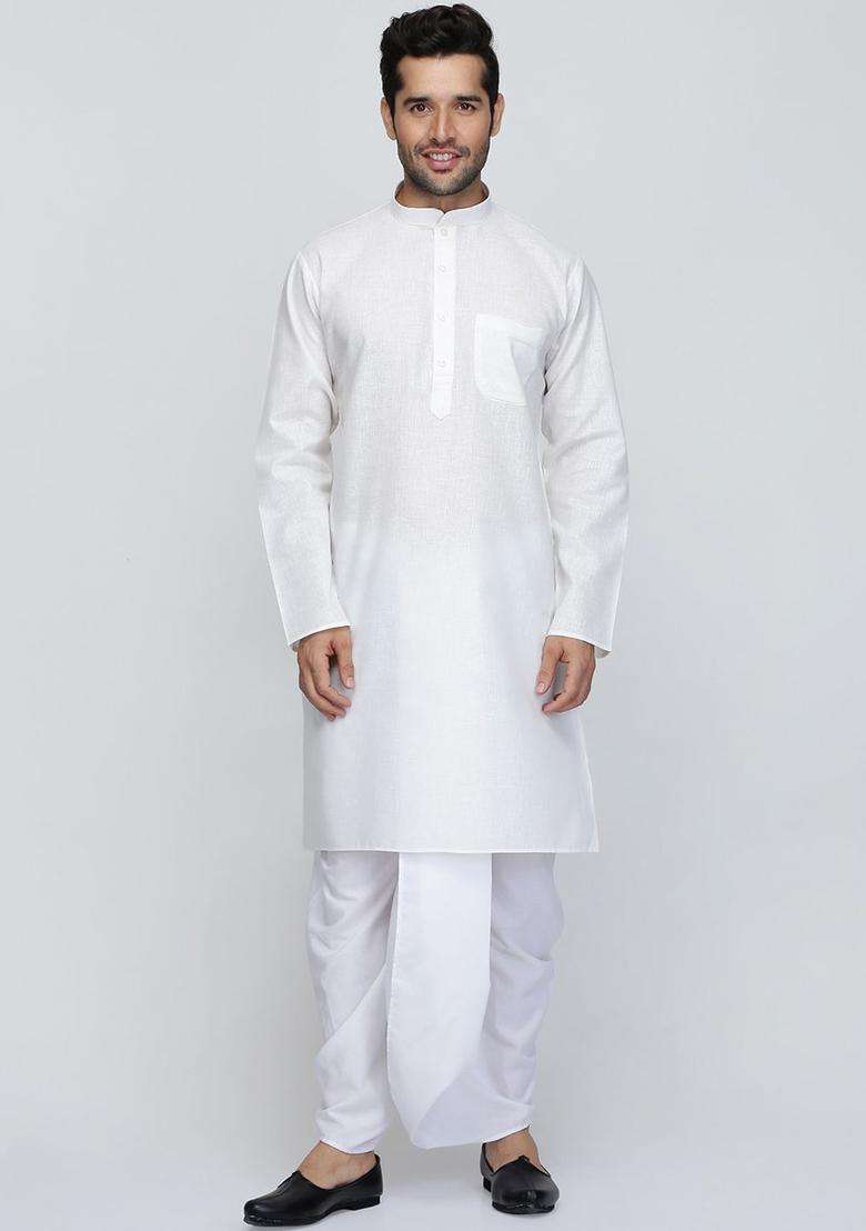 Cream Solid Cotton Kurta Set For Men - Indya