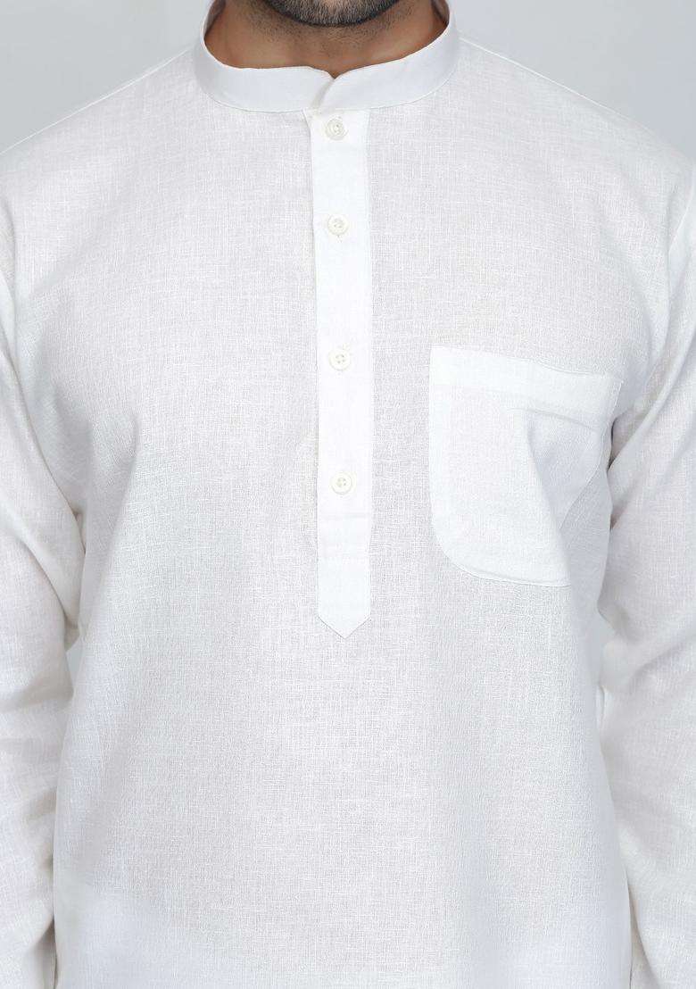 Cream Solid Cotton Kurta Set For Men - Indya
