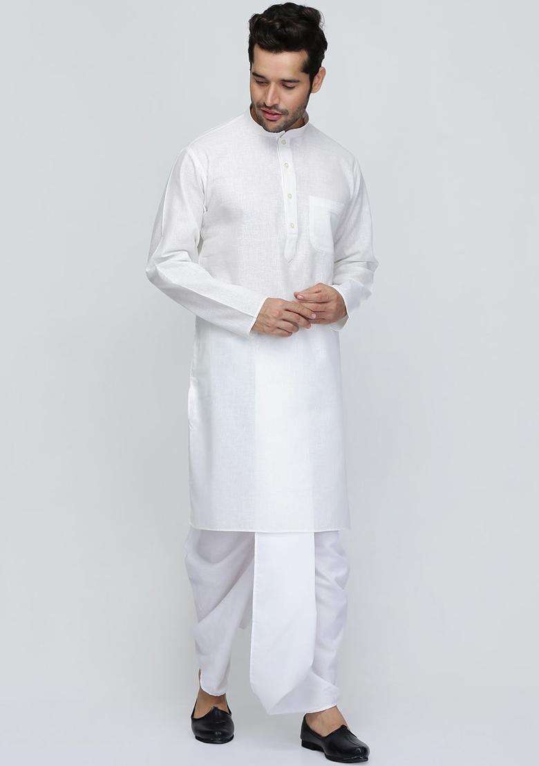 Cream Solid Cotton Kurta Set For Men - Indya