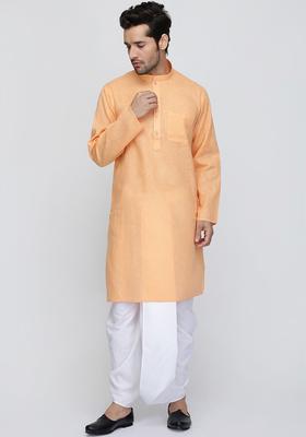 Orange Solid Cotton Kurta Set For Men
