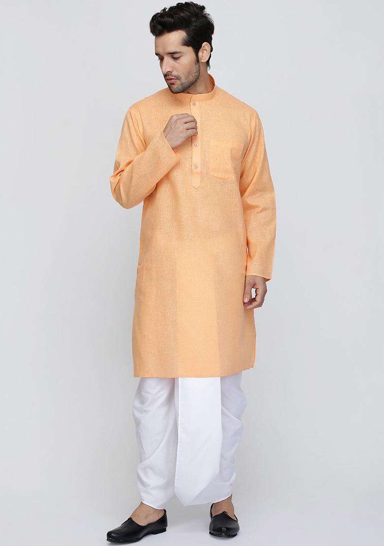 Orange Solid Cotton Kurta Set For Men - Indya