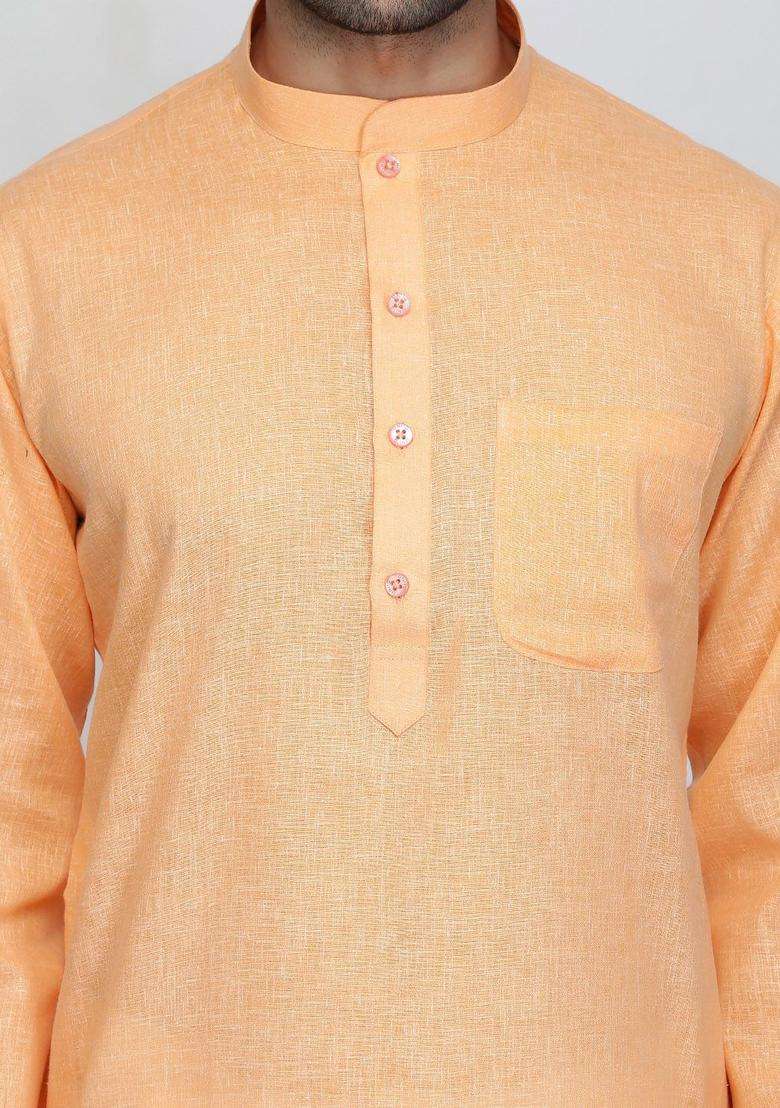Orange Solid Cotton Kurta Set For Men - Indya
